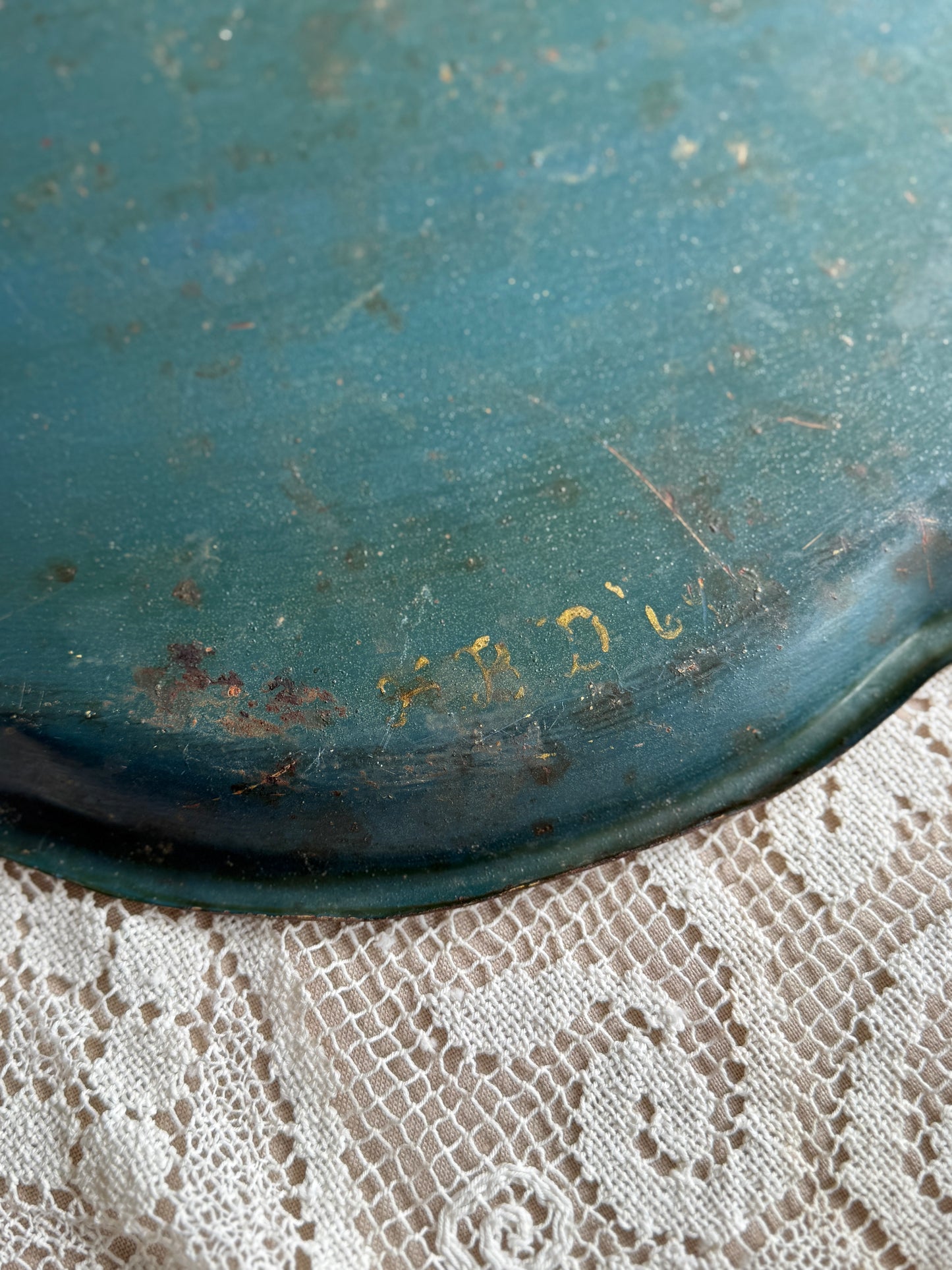 Handpainted vintage metal green and yellow floral toleware tray