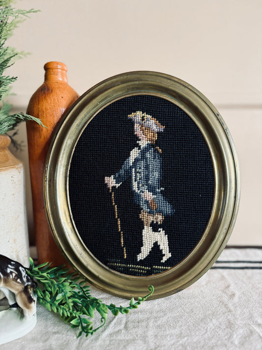 Needlepoint “Boy Blue” in brass oval frame