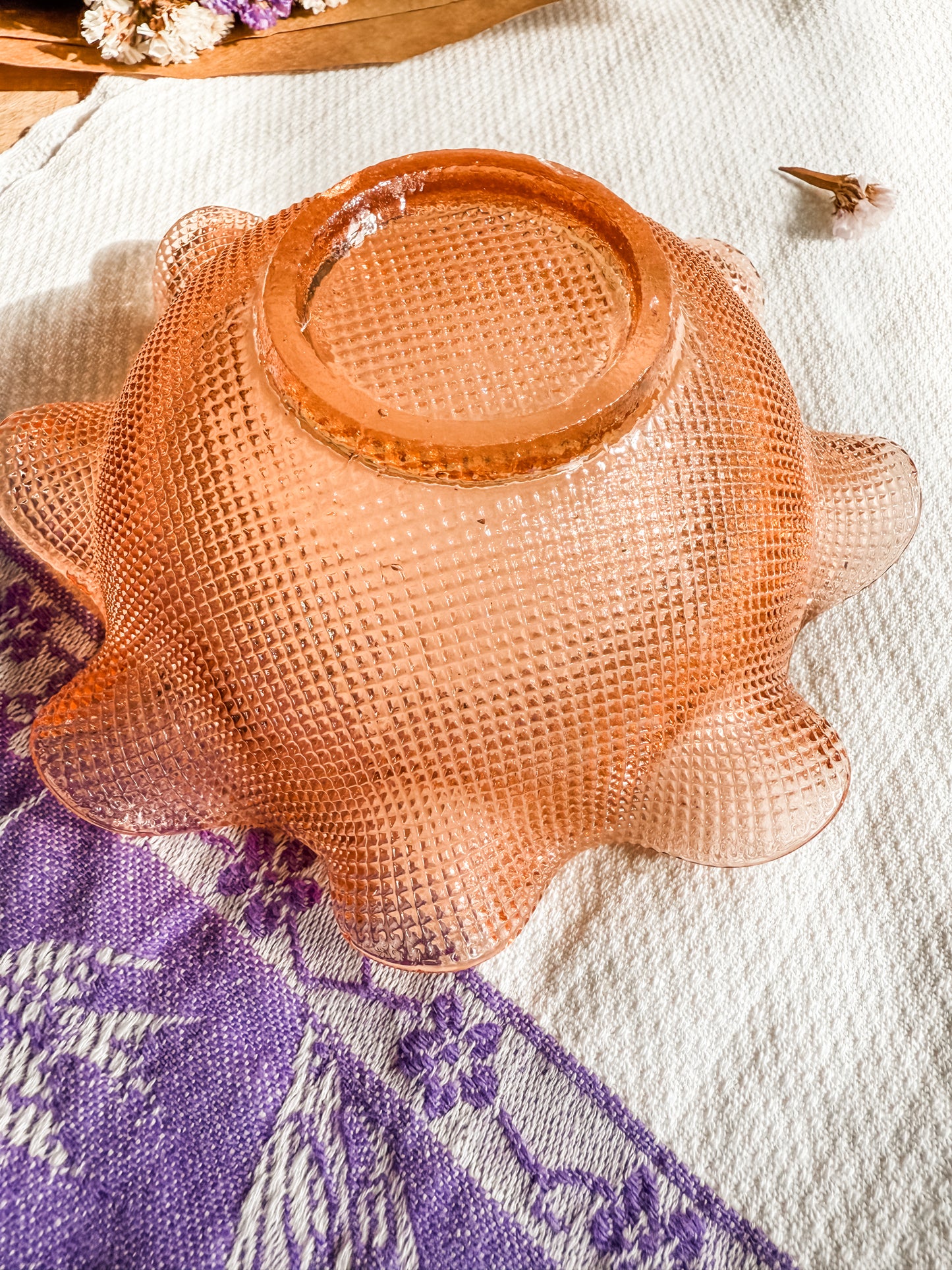 Peachy Pink Italian Colony Ruffled Glass Dessert Bowl