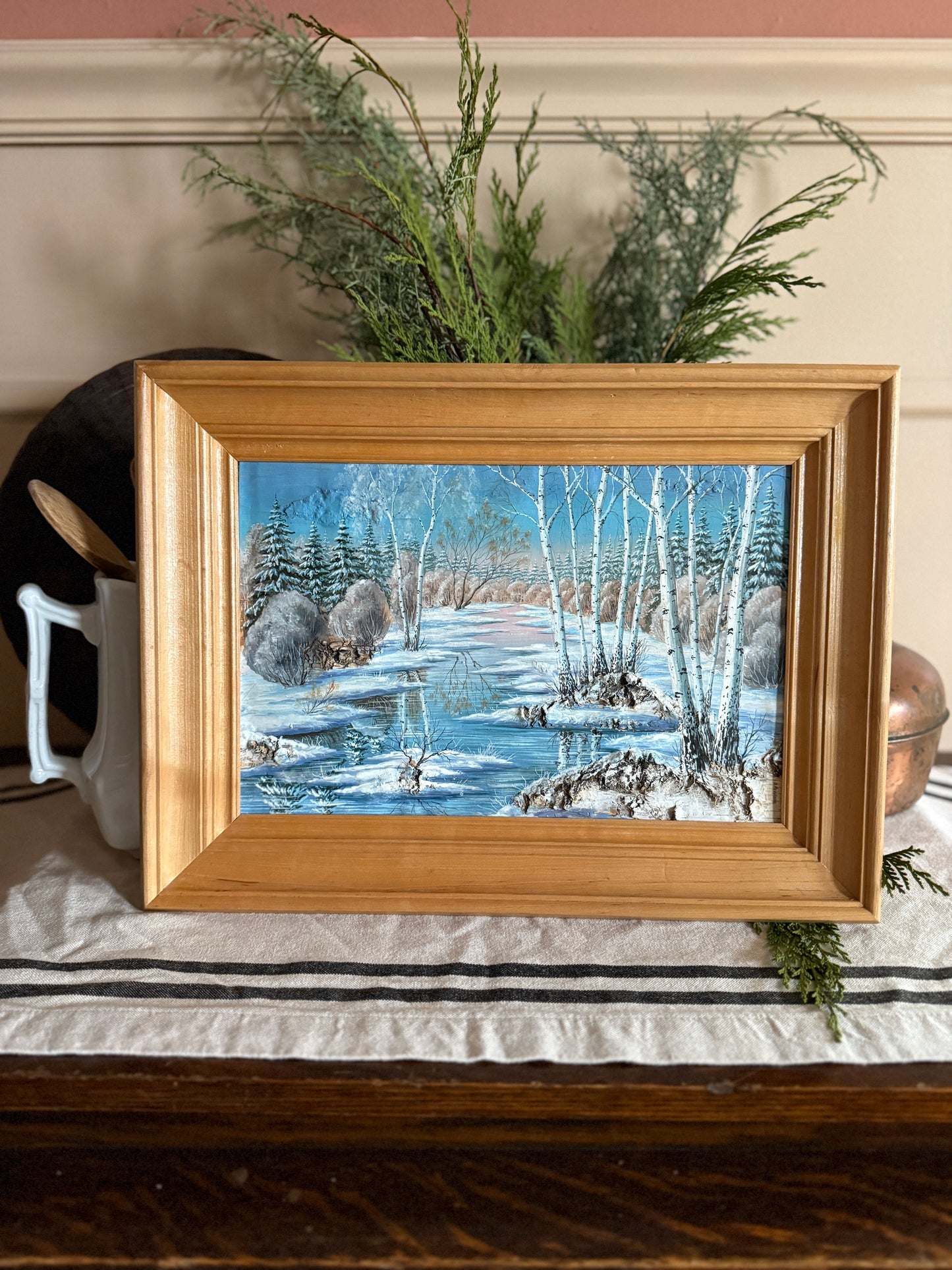 Framed Winter painting on bark