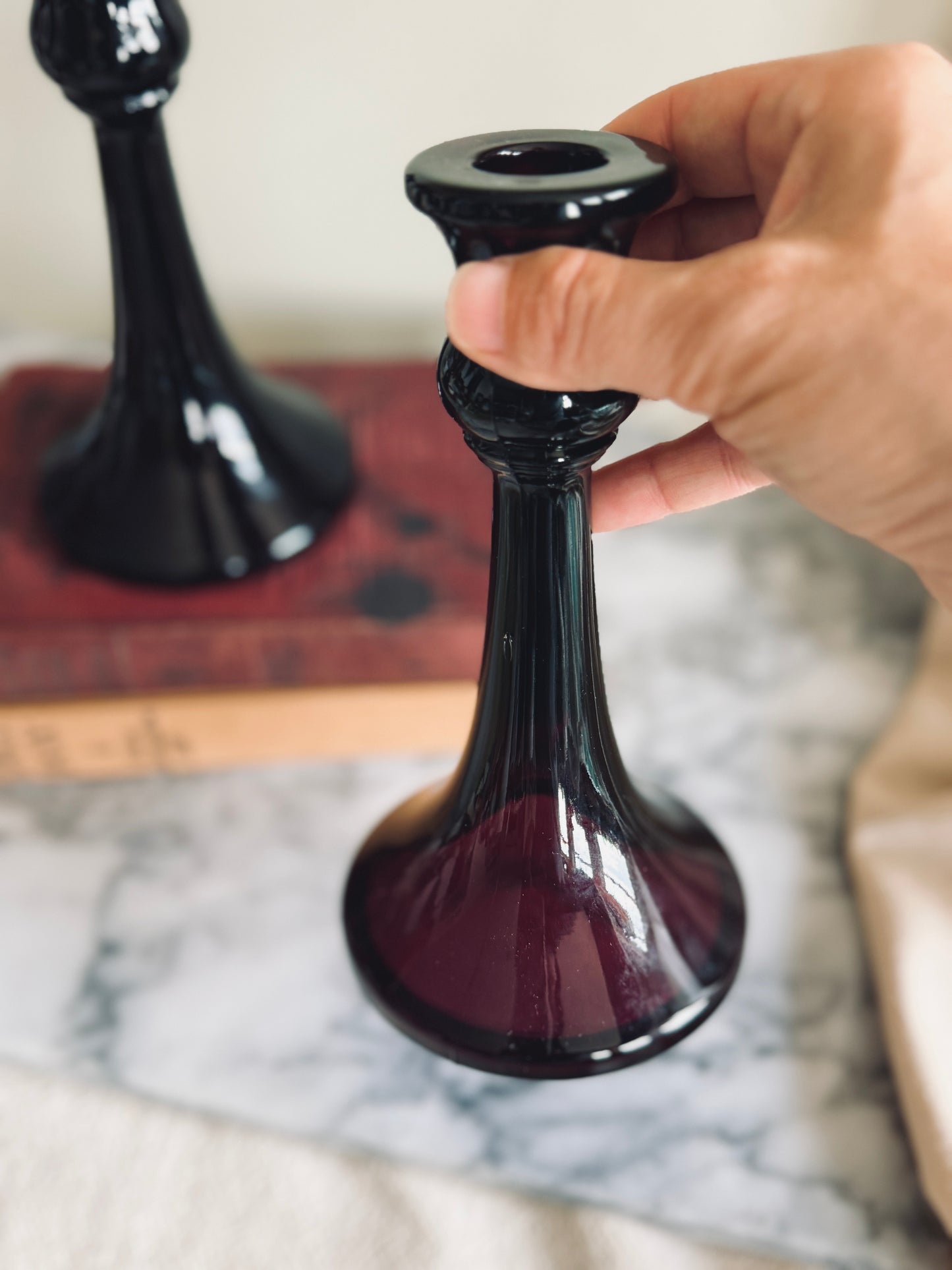 Vintage deep amethyst glass candle holders