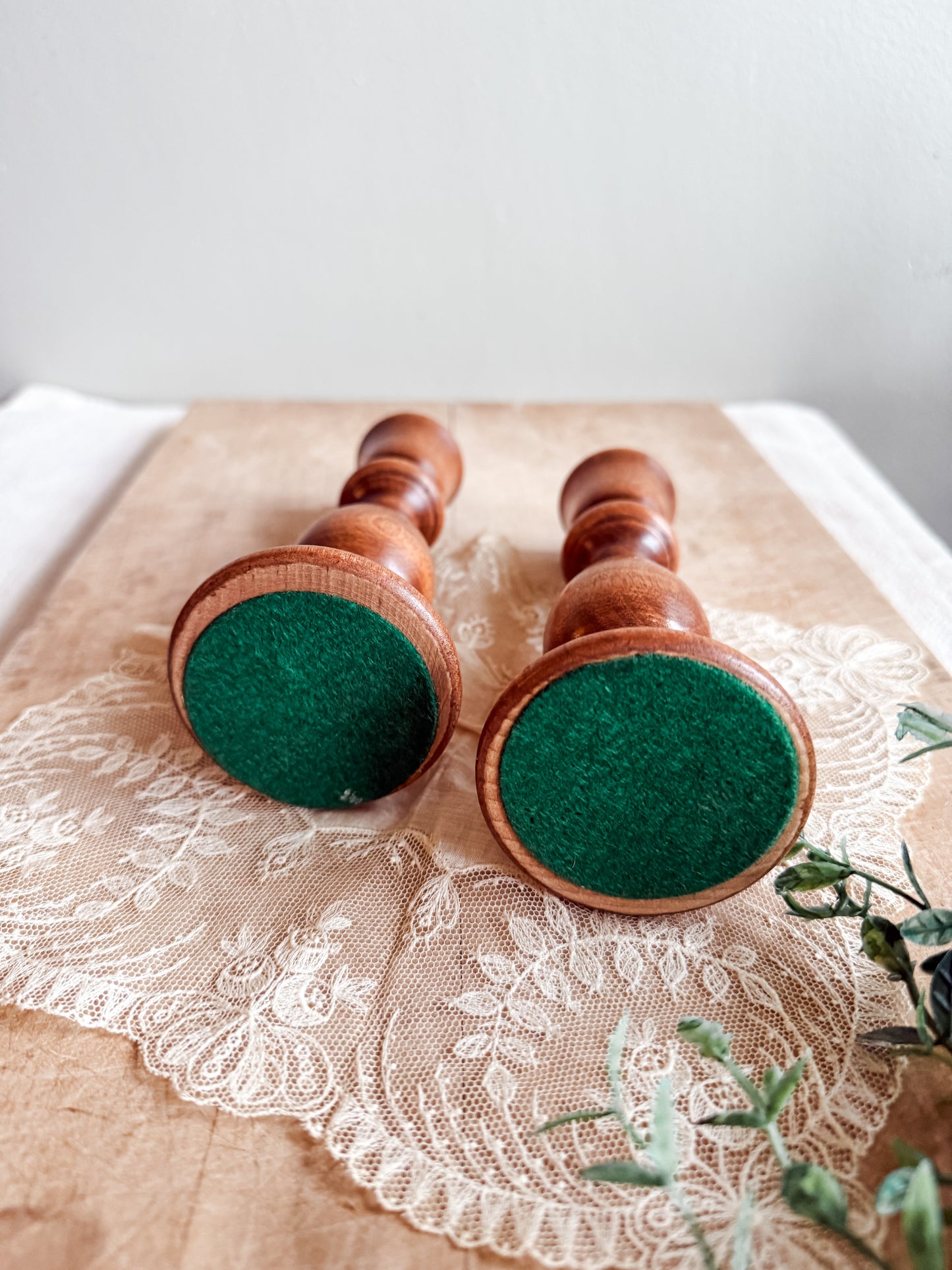 Mid Century Wooden Carved Brass Topped and Felted Candlestick Holders