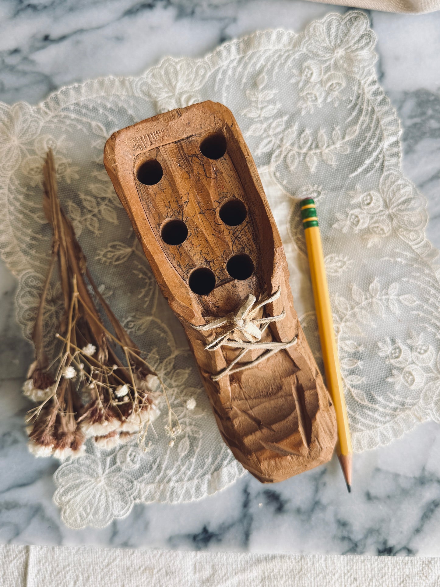 Hand carved wooden shoe pencil holder