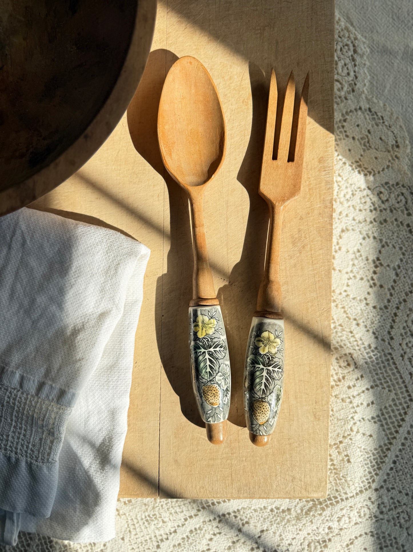 Wooden salad serving fork and spoon with porcelain handles