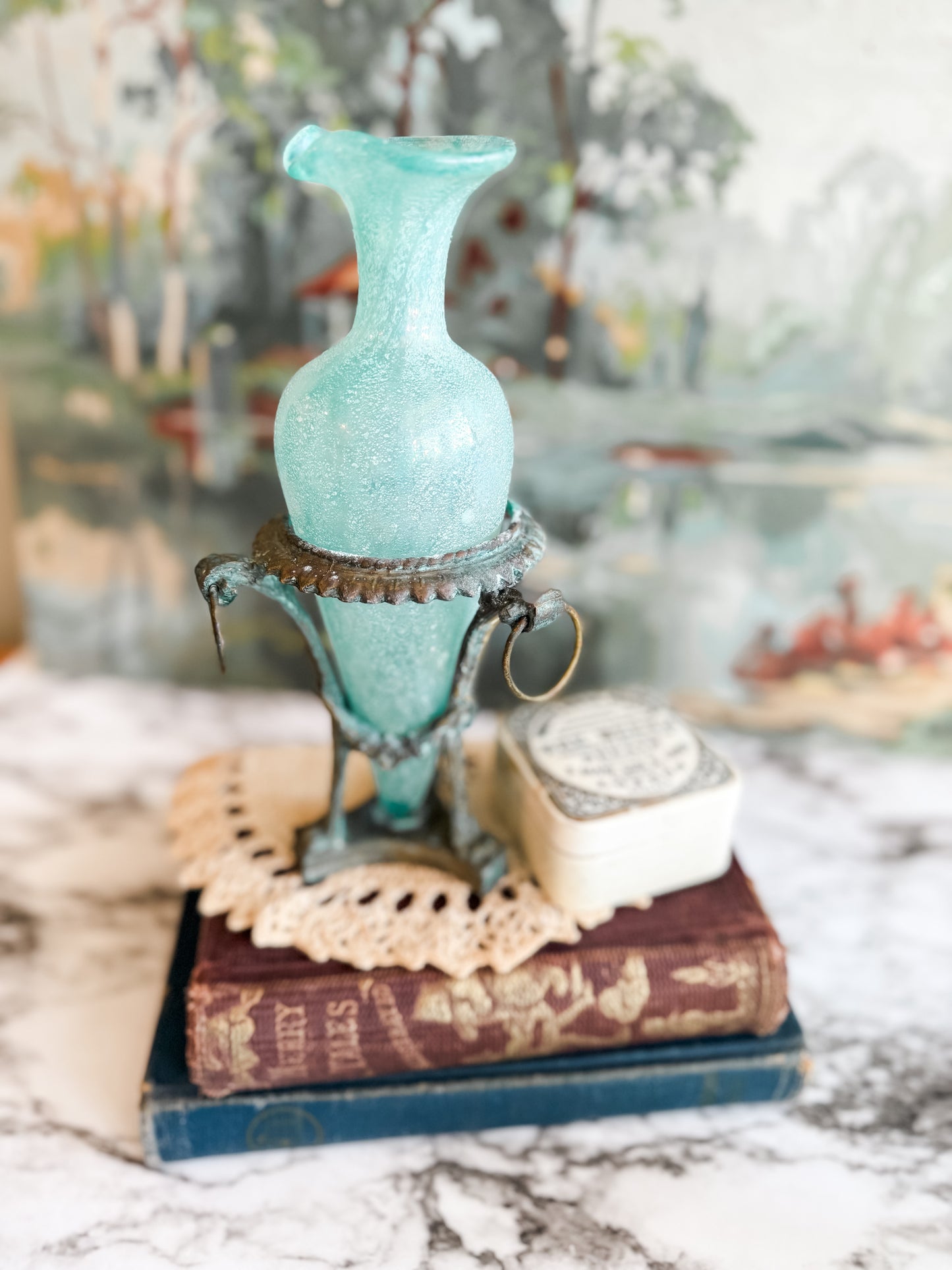 Antique Scavo Murano Glass Amphora Vase in Bronze Stand