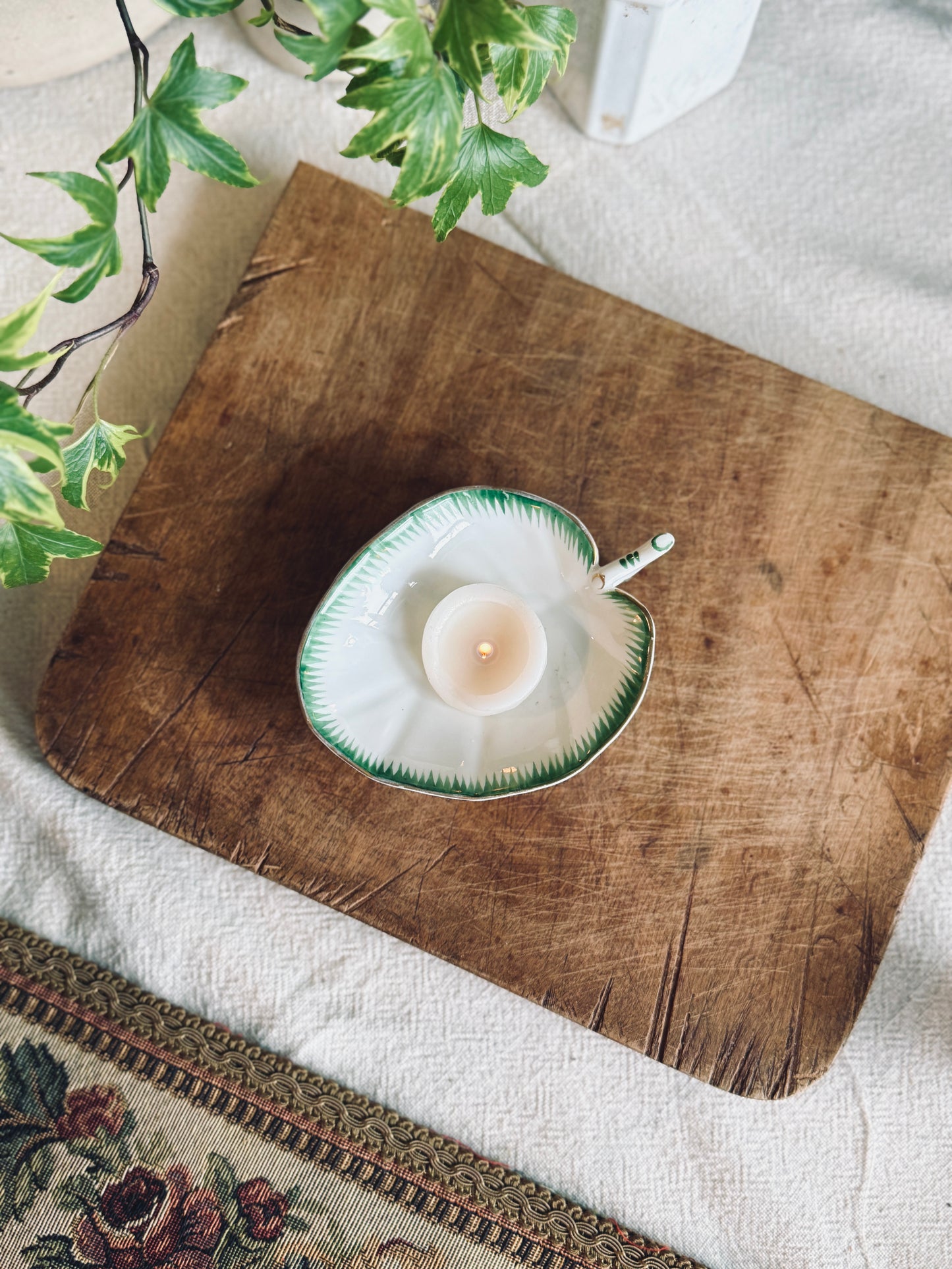 Small rare porcelain leaf dish with handle