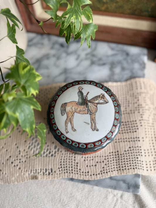 Porcelain Trinket box depicting a lady riding a horse