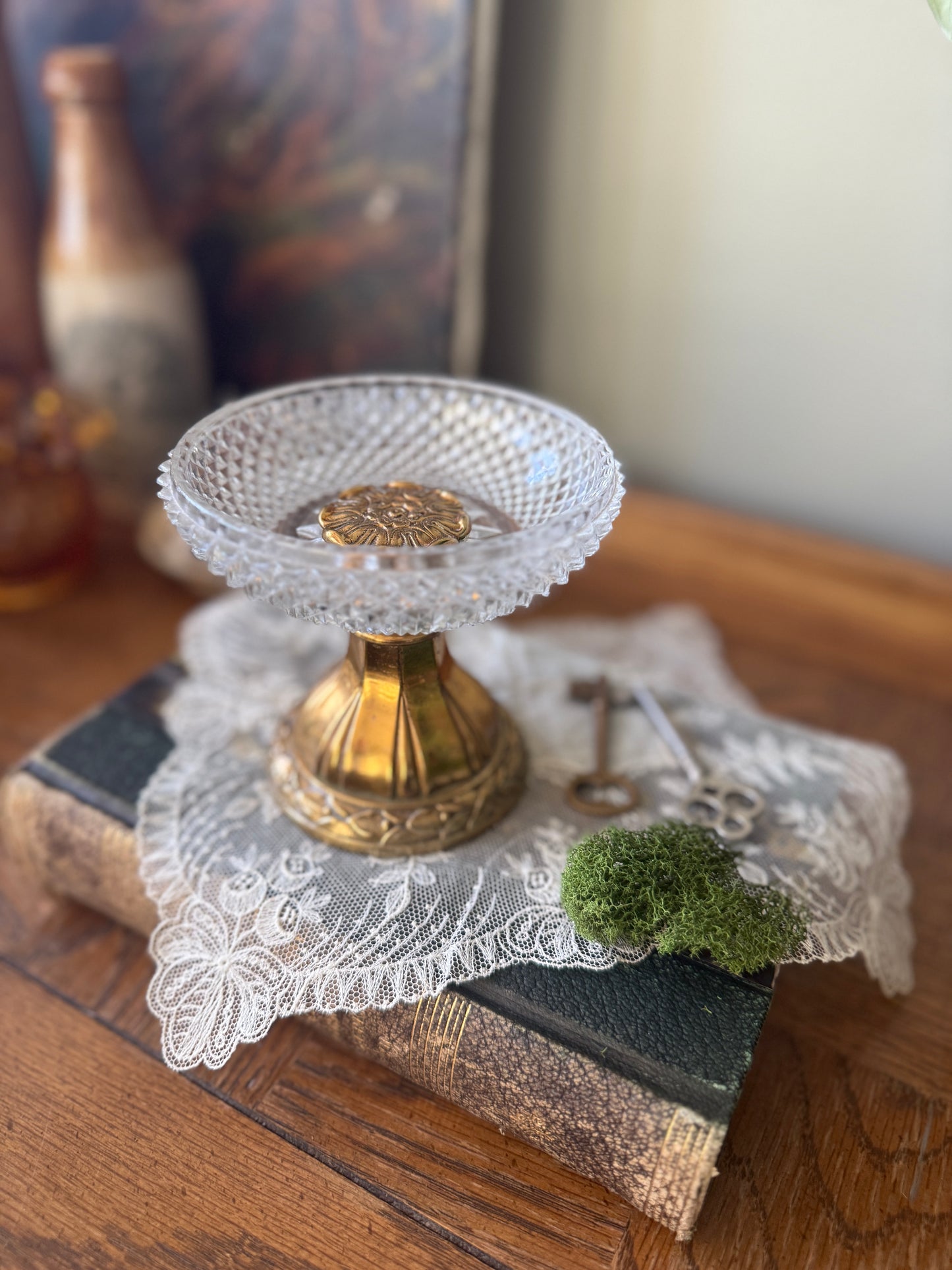 Vintage diamond point cut glass compote with brass base