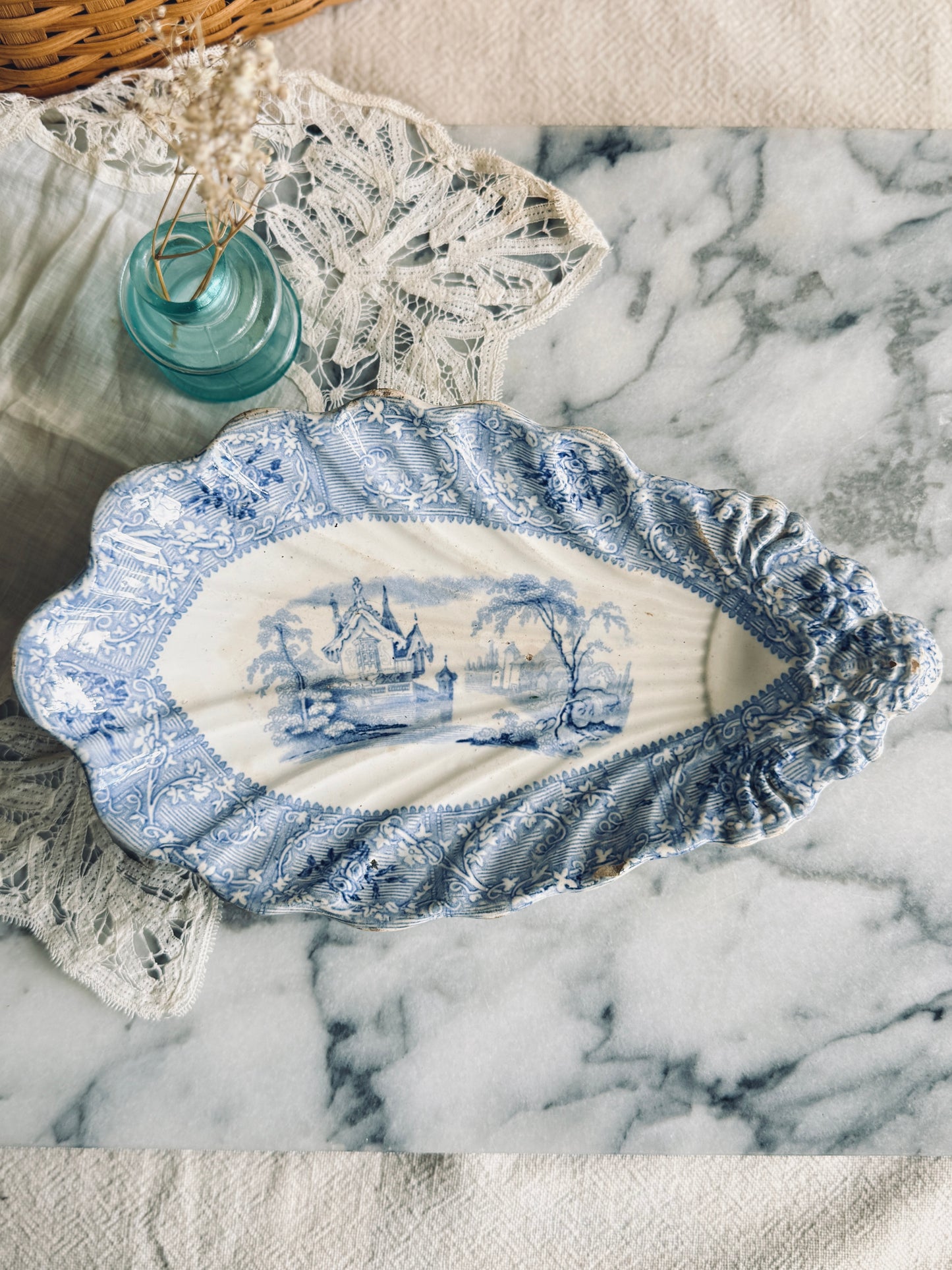 Antique blue and white transferware relish dish