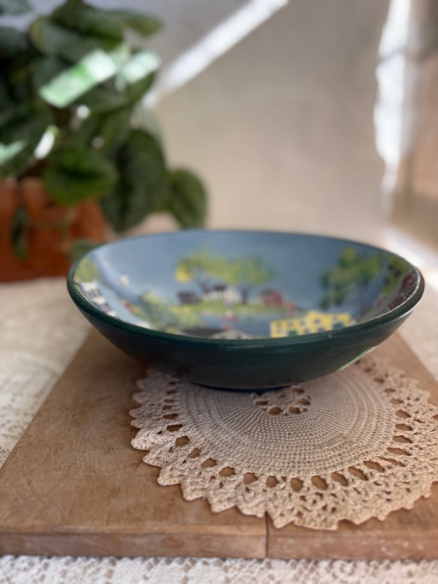 Handpainted wooden bowl with folkart scene