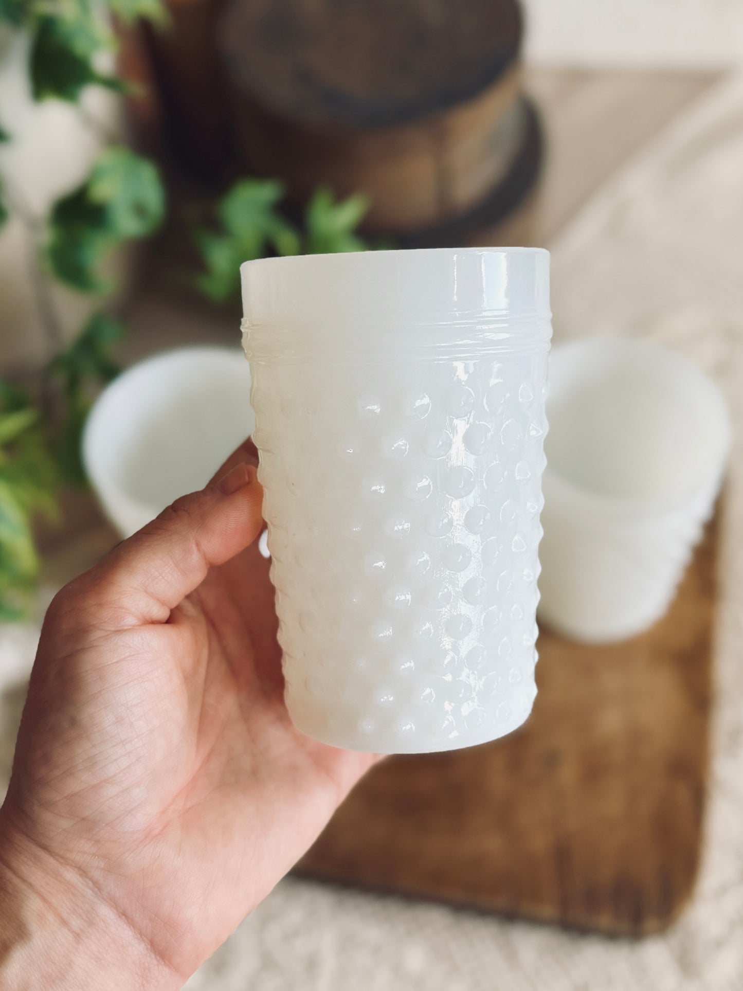 4 hobnail milkglass glasses