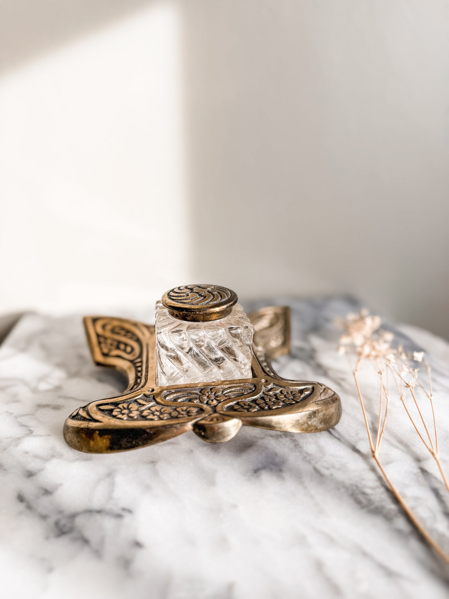 Art deco brass and glass Inkwell with rare floral design