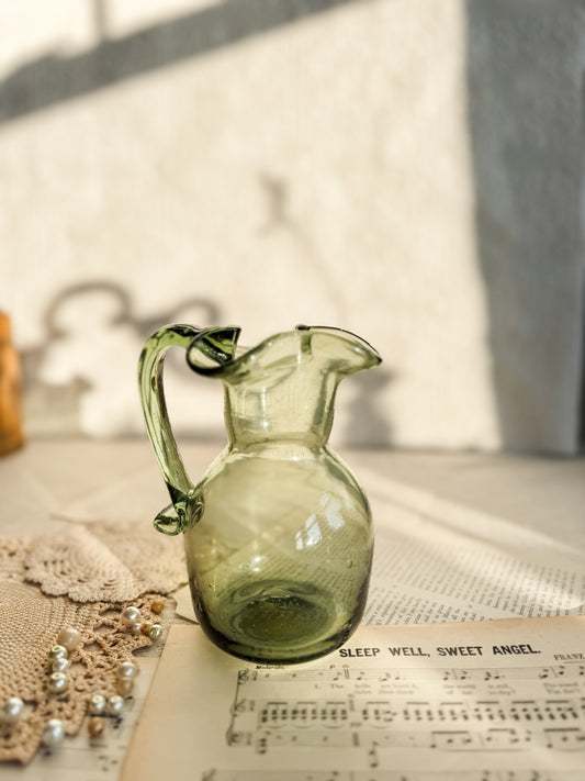 Vintage Jamestown Handblown Green Glass Pitcher