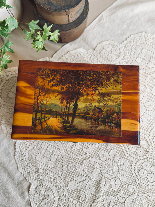 Wooden keepsake box with pastoral lithograph print
