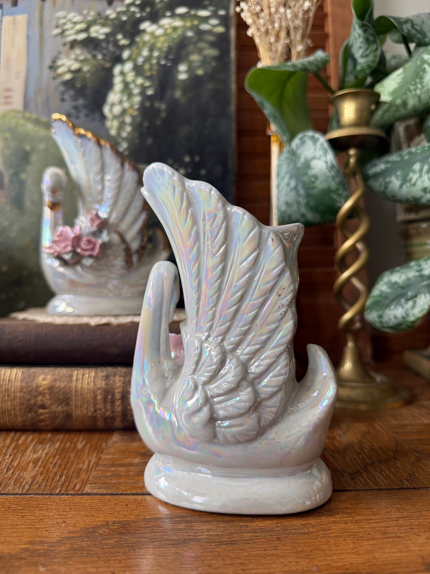Pair of Lustreware swan vases