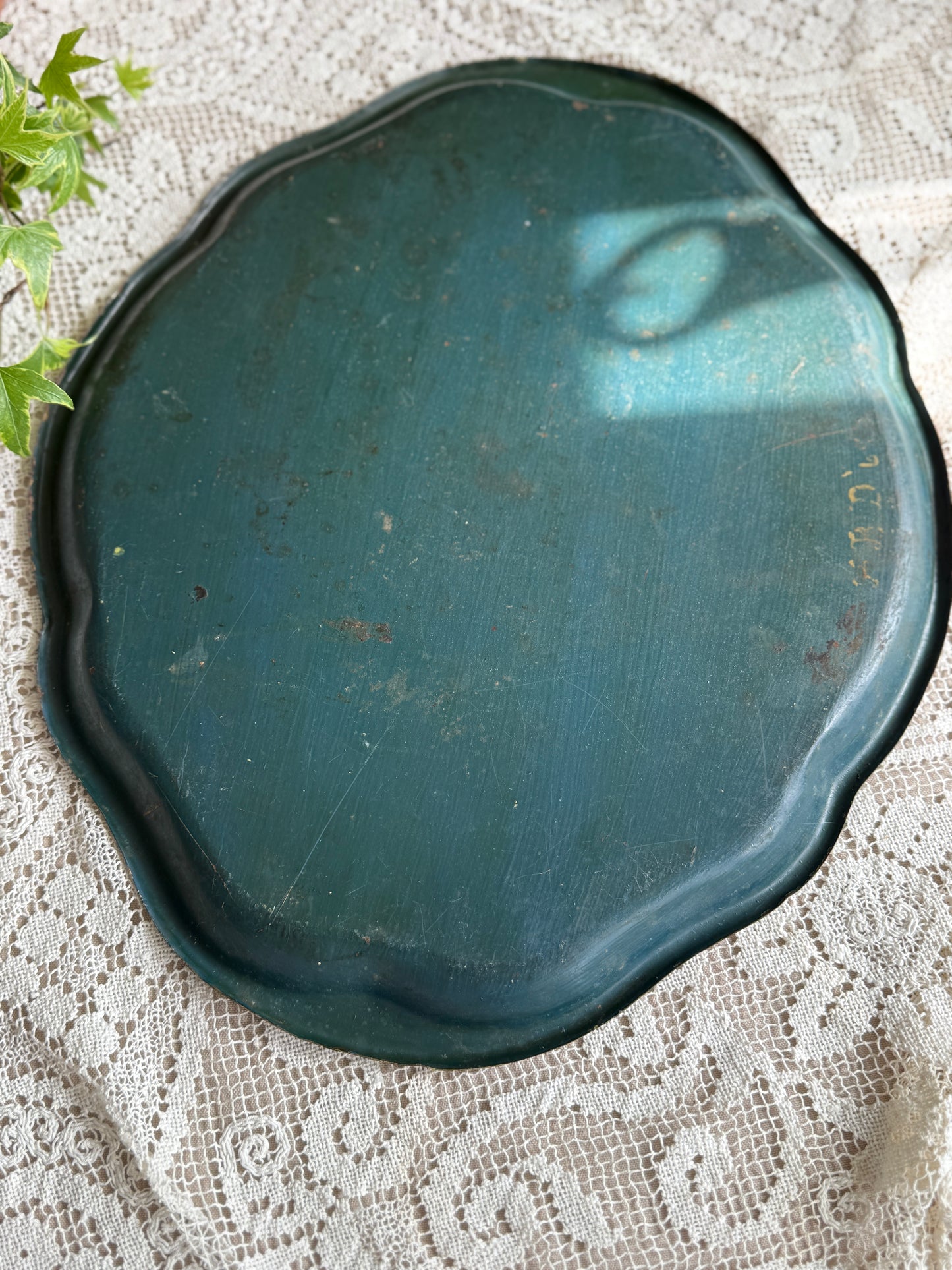 Handpainted vintage metal green and yellow floral toleware tray