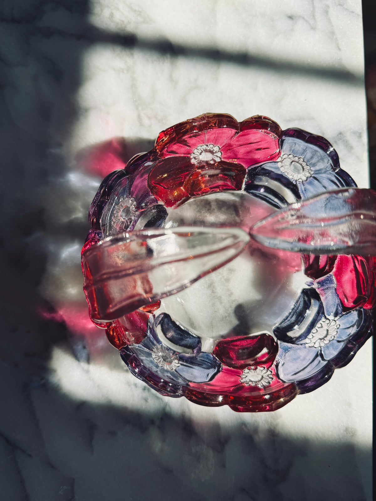 Glass basket with pink and purple florals