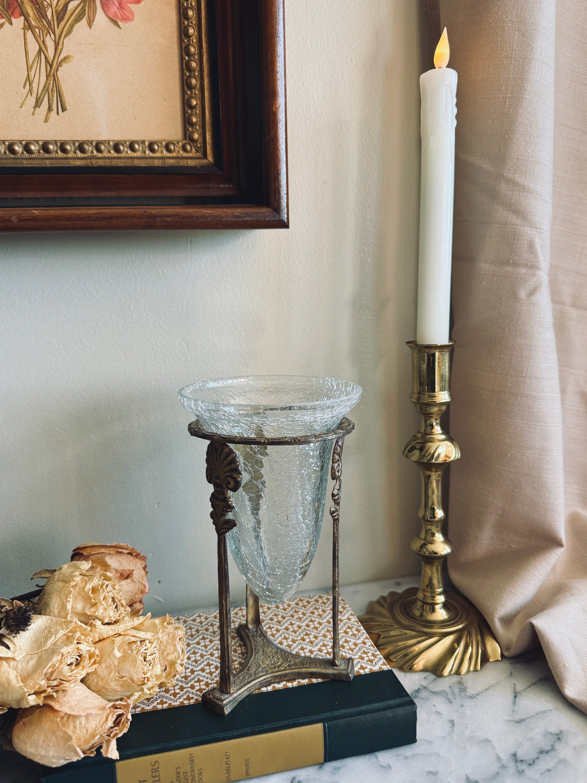 Crackle glass vase in Hollywood regency style brass holder