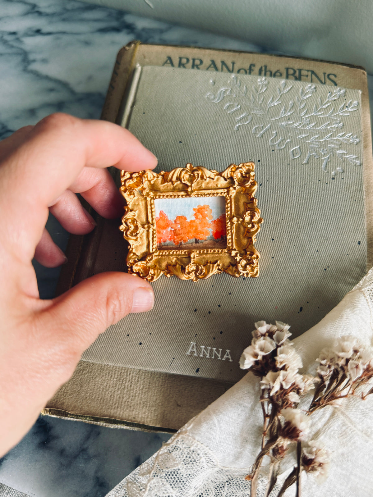 Mini original fall painting in gold vintage inspired frame