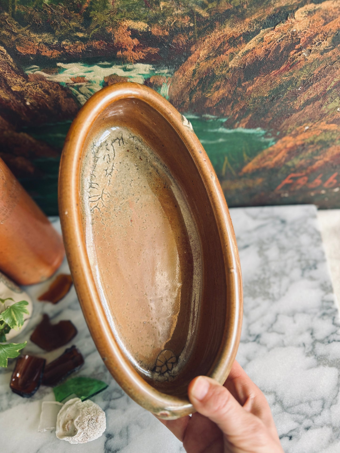 Studio pottery oval dish with handles