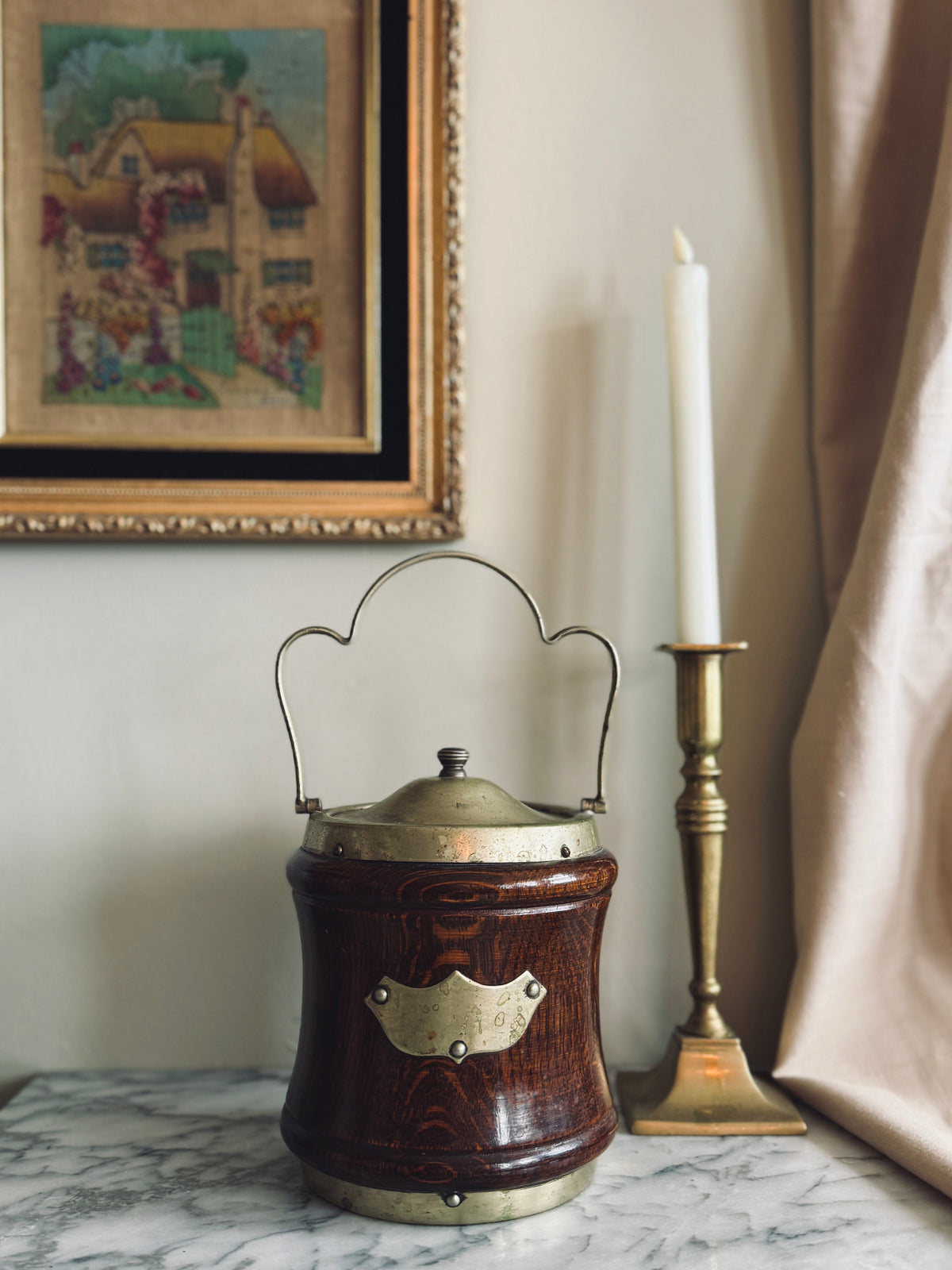 Antique English Oak Biscuit Barrel