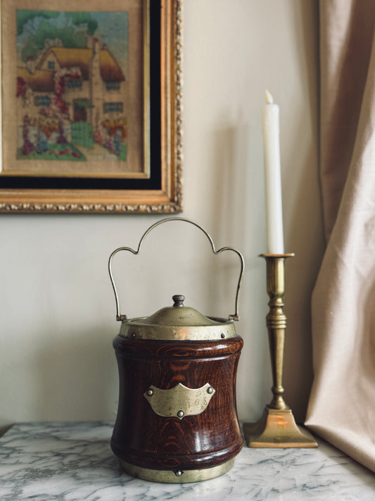 Antique English Oak Biscuit Barrel