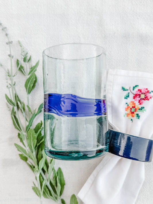 Set of 4 Hand blown Mexican glasses with Blue accent