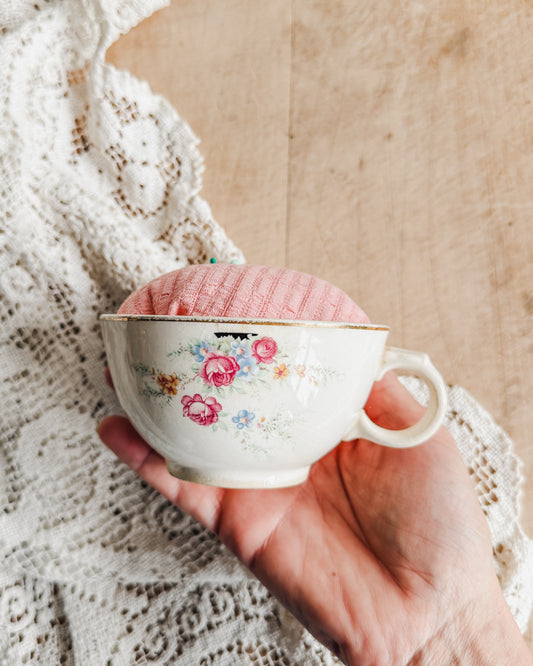 Handmade Teacup Pincushion from Vintage Teacup and Vintage Fabric
