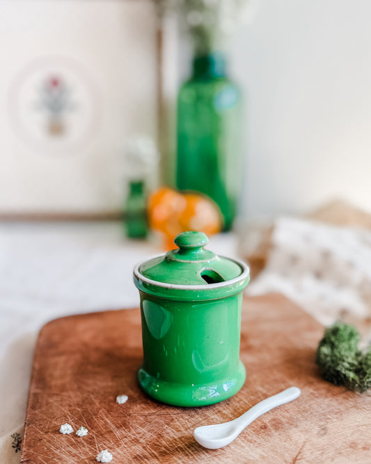 Green Mustard or Jam Jar with spoon | Shop Sustainable Antiques/Vintage Boutique | Cottage Decor