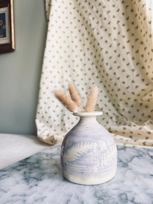 Studio pottery bud vase with purple glaze and fern design