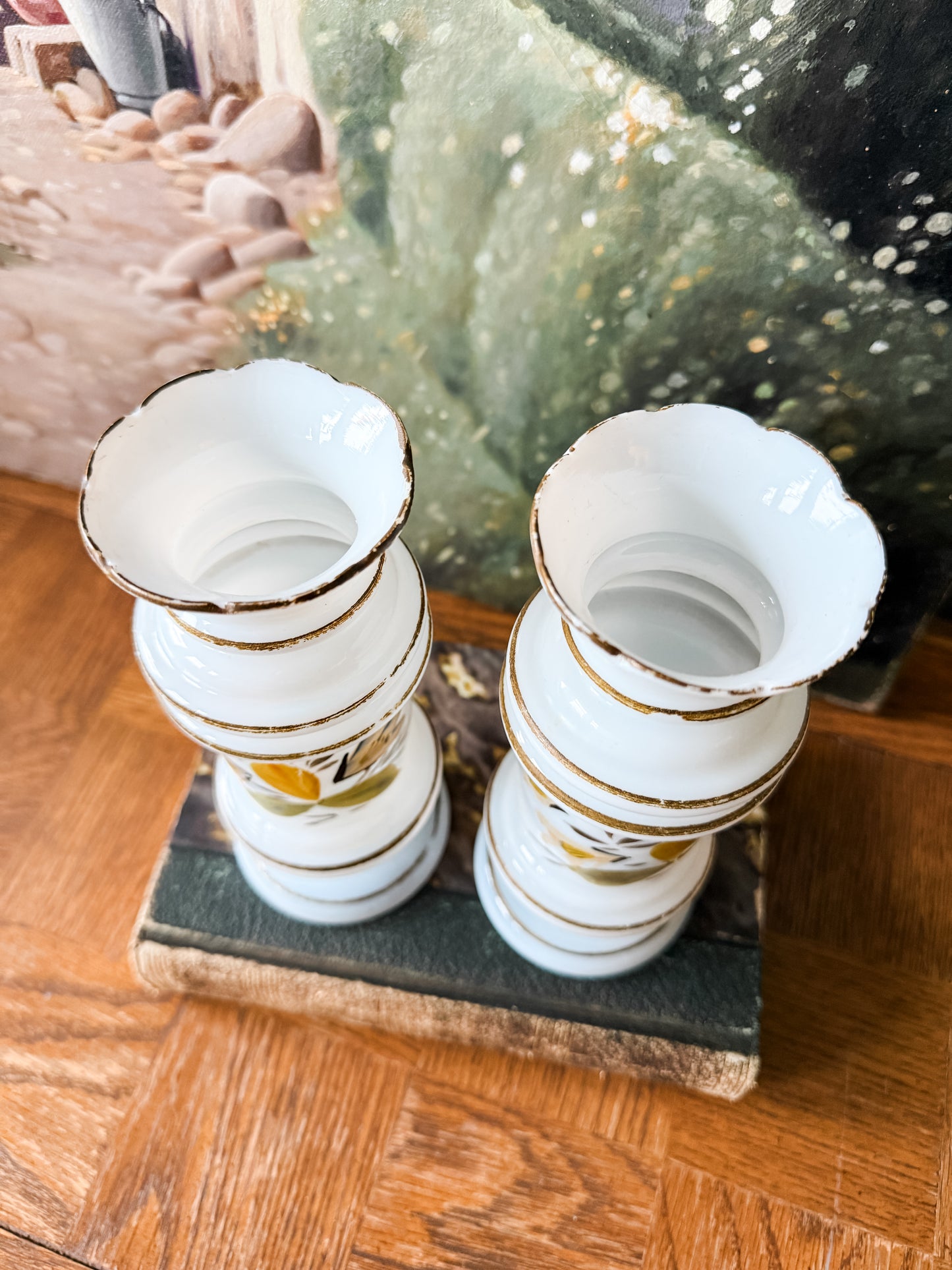 Pair of antique Bristol mantel vases with hand painted florals