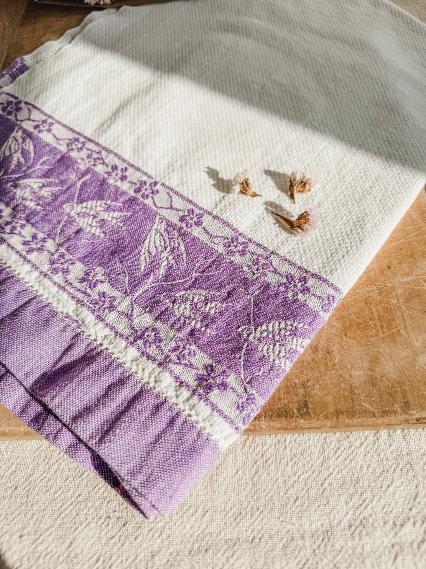 Cotton Linen Hand towel with Purple Bird accent along Bottom