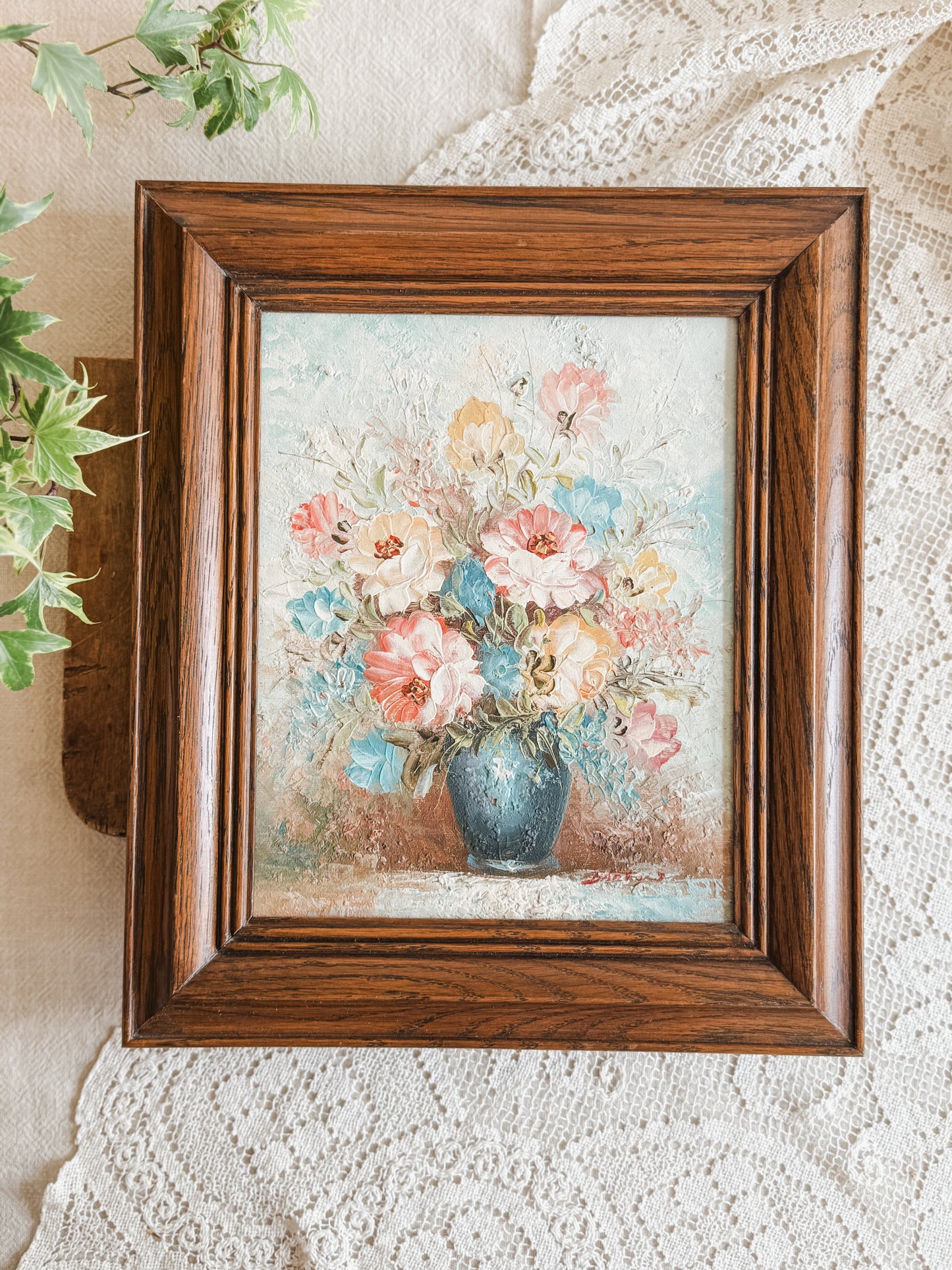 Framed bright floral still life painting