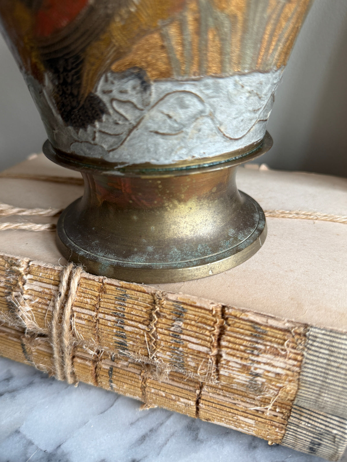 Large brass and enamel vessel with ducks
