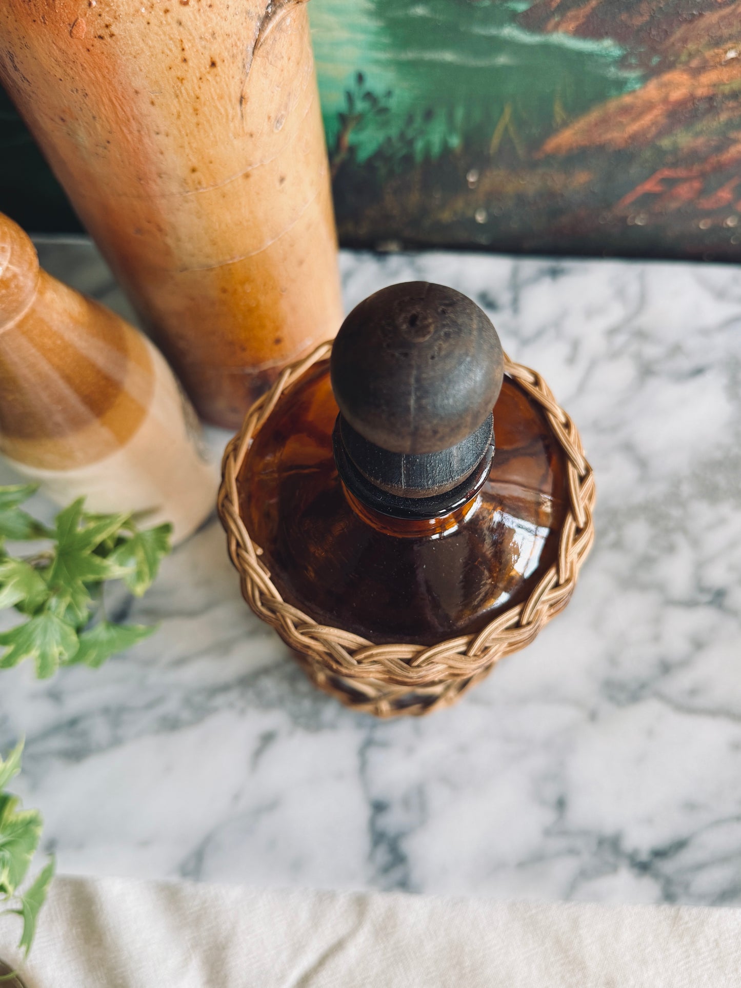 Vintage amber glass wicker wrapped decanter