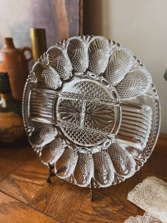 L.E. Smith pressed glass deviled egg and relish tray in the “Heritage” pattern