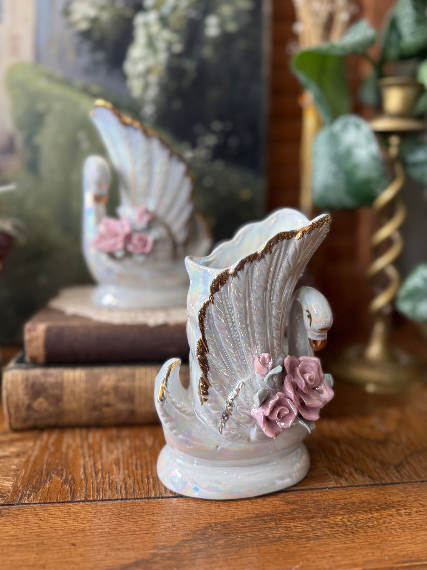 Pair of Lustreware swan vases