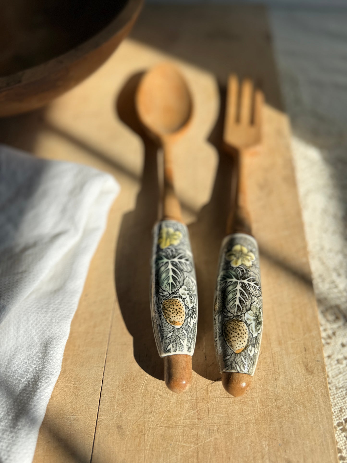 Wooden salad serving fork and spoon with porcelain handles