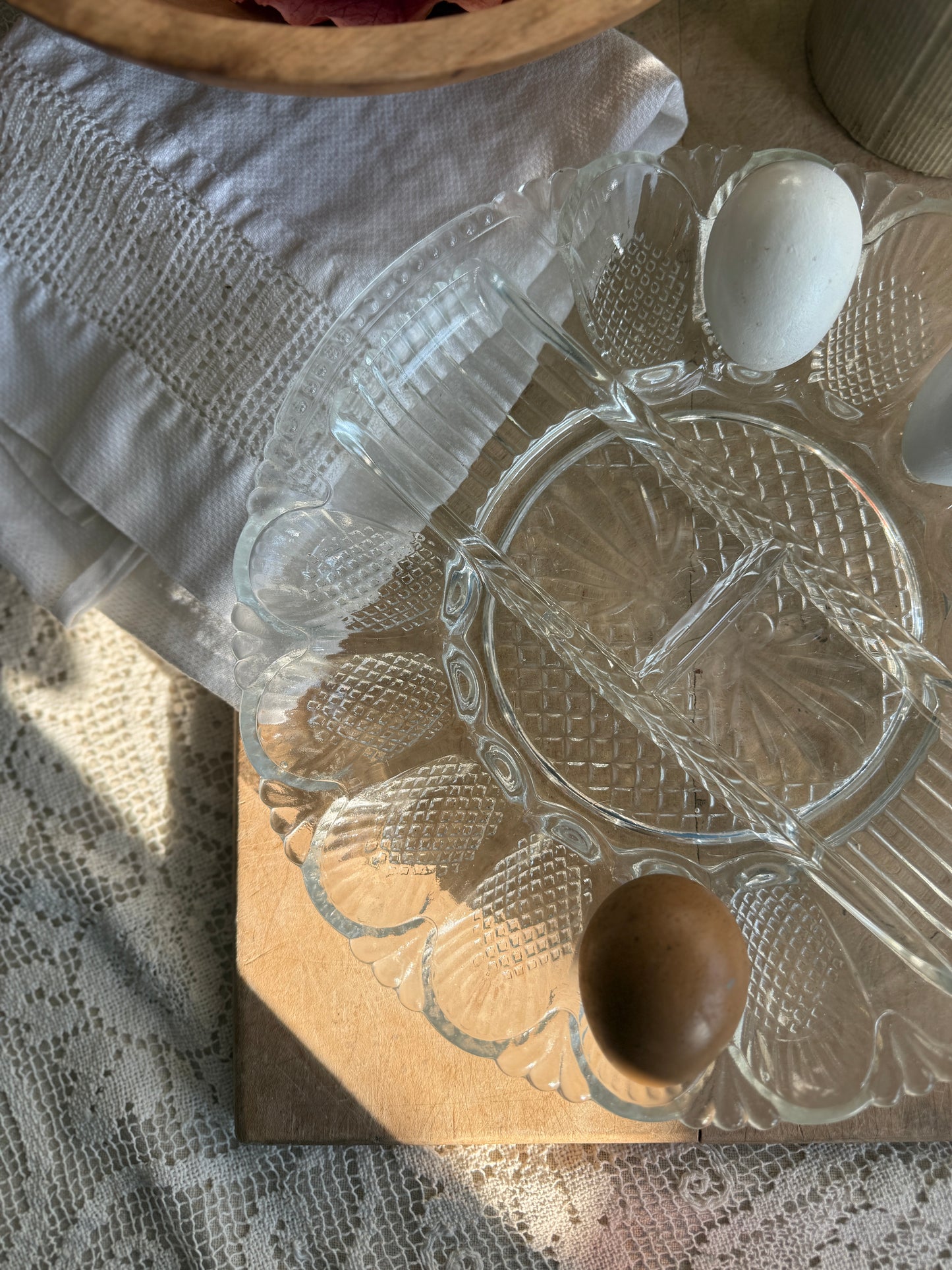 L.E. Smith pressed glass deviled egg and relish tray in the “Heritage” pattern