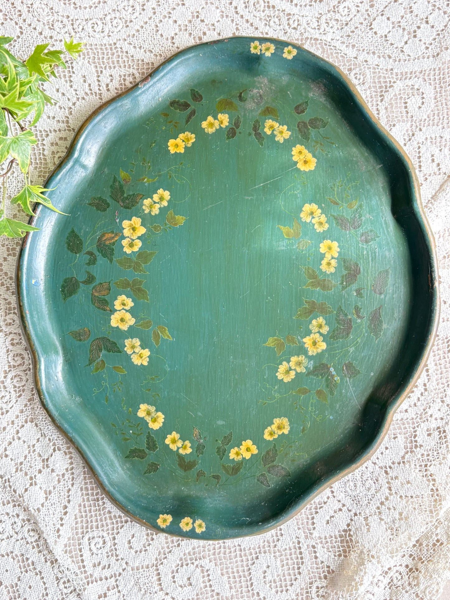 Handpainted vintage metal green and yellow floral toleware tray