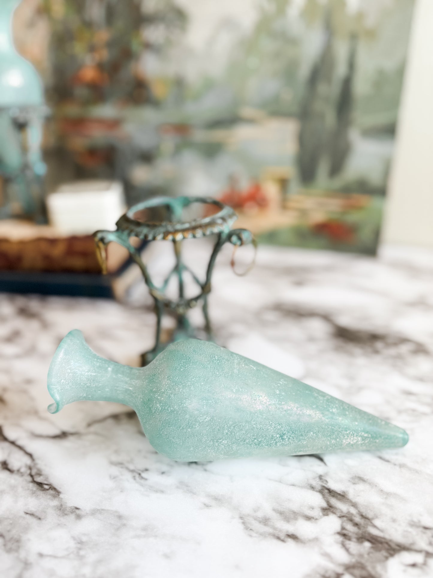 Antique Scavo Murano Glass Amphora Vase in Bronze Stand