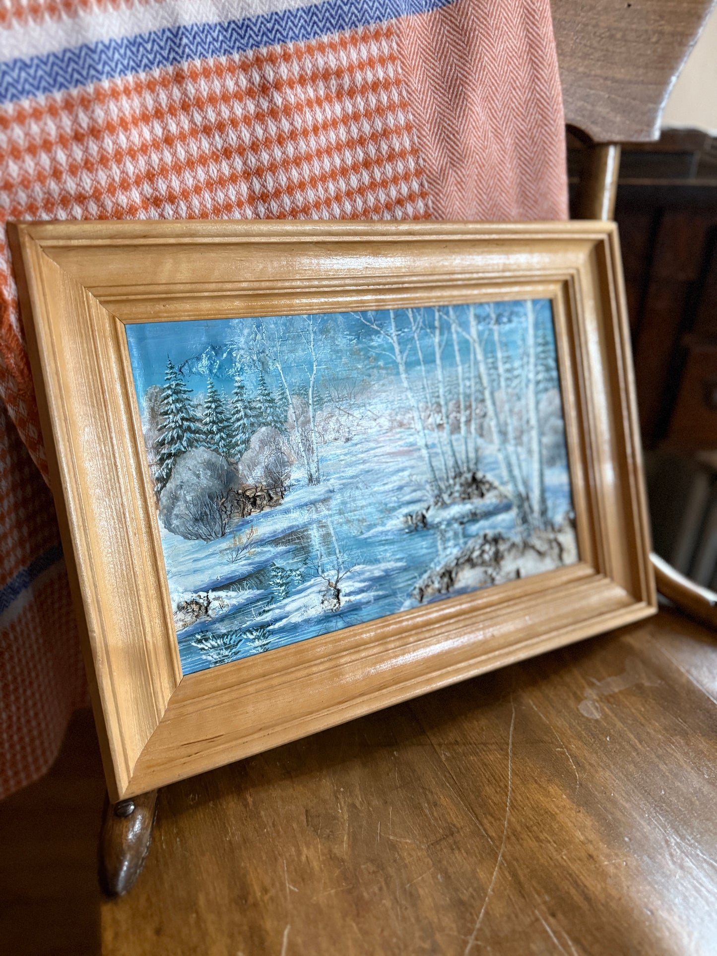 Framed Winter painting on bark