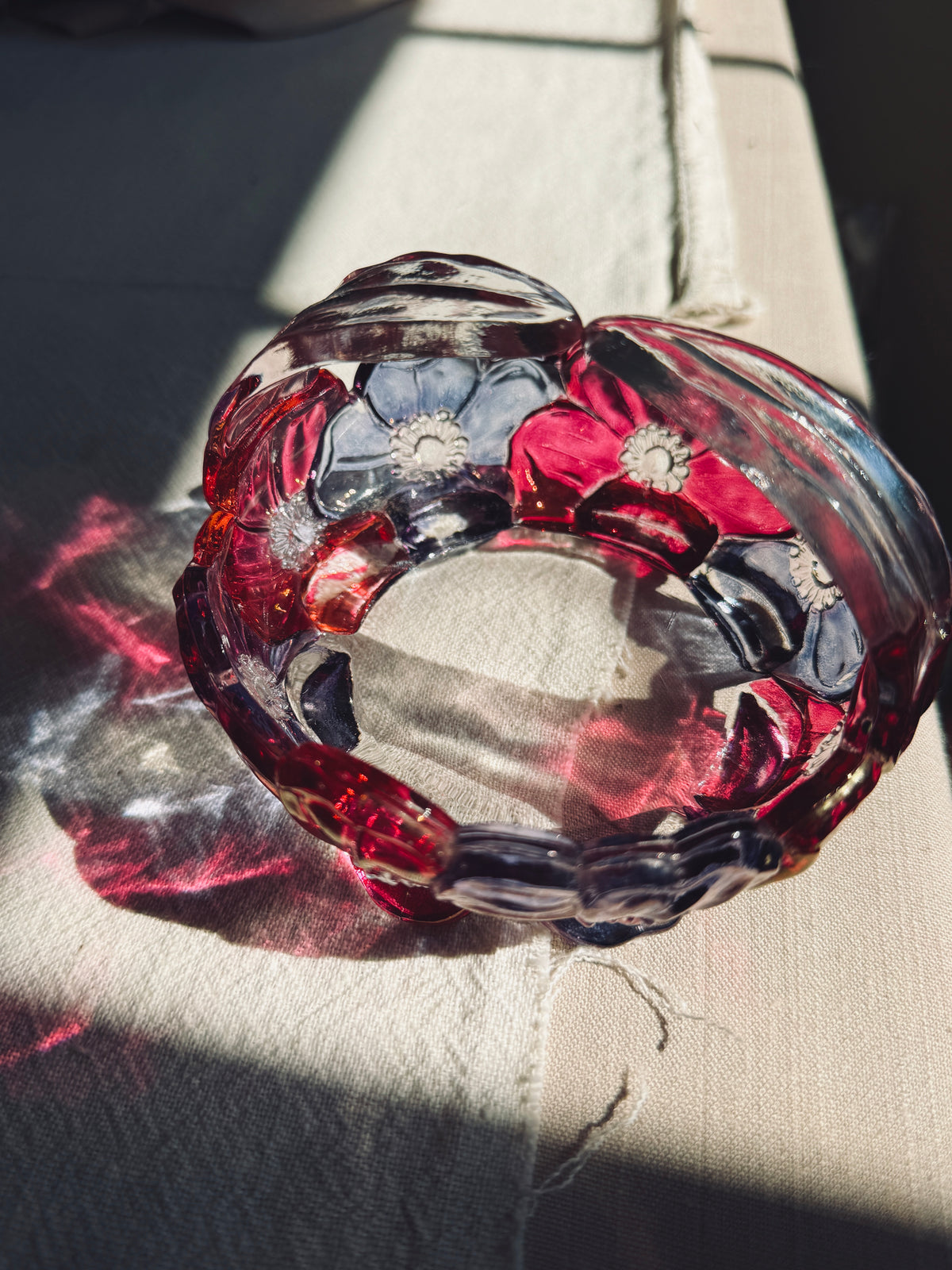 Glass basket with pink and purple florals