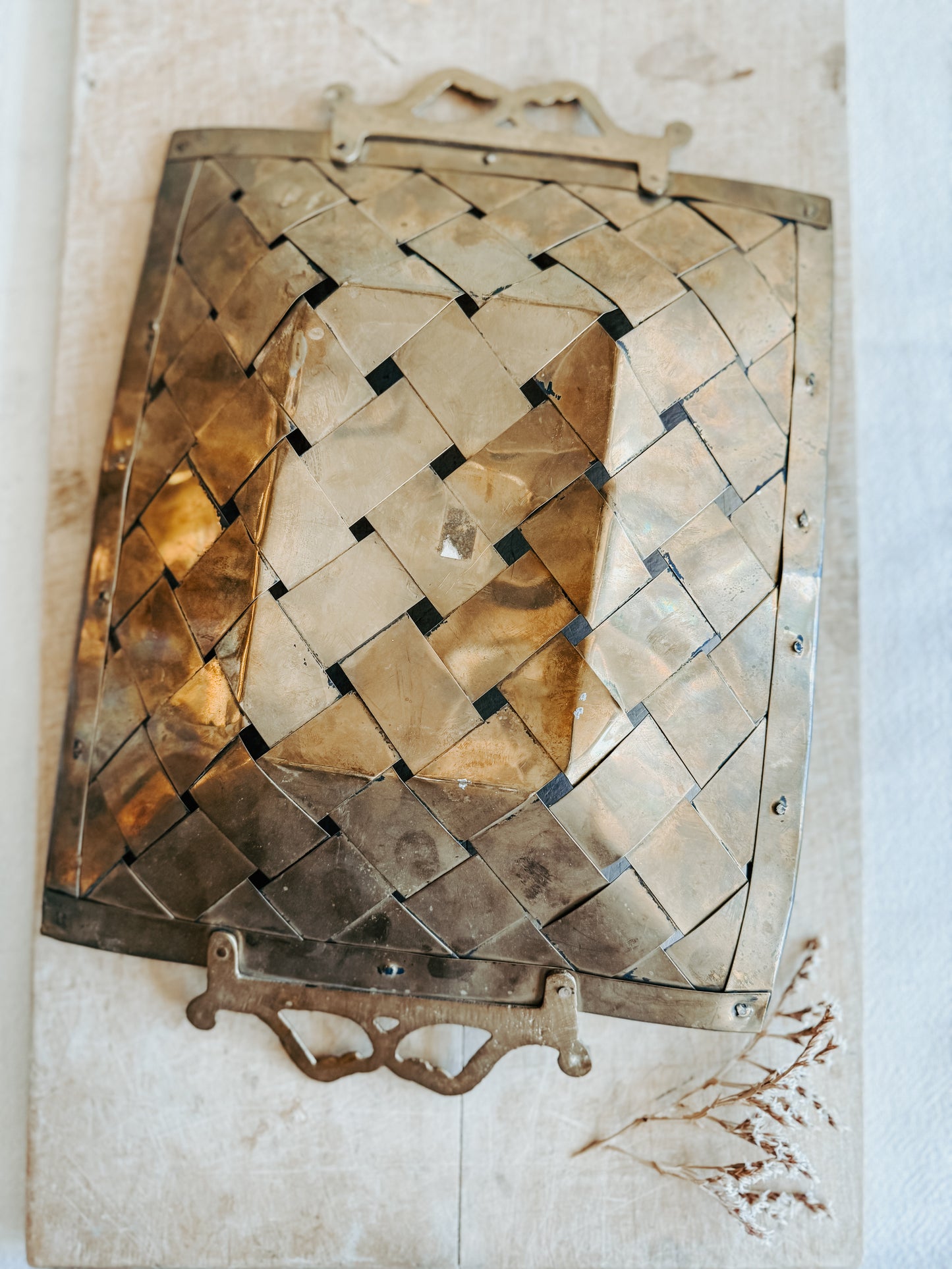 Woven Brass Metal Tray with ornate Handles