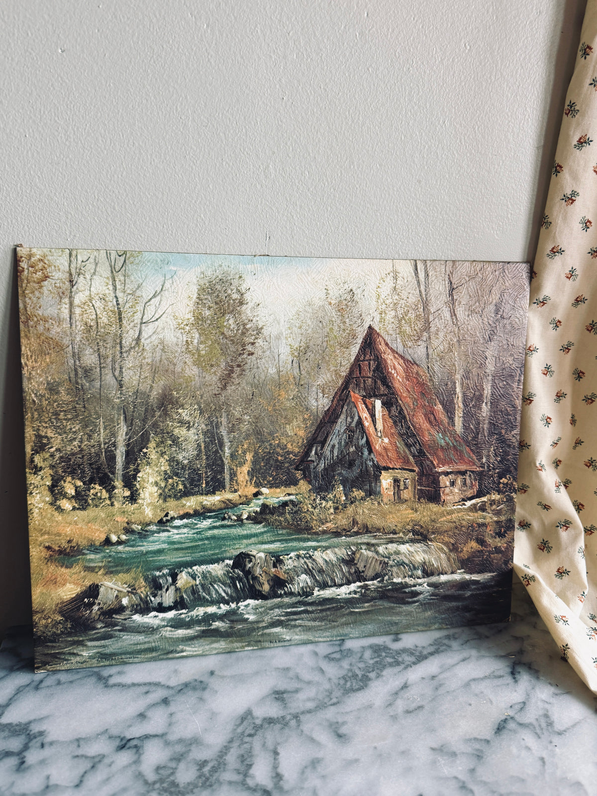 Vintage litho cottage print on board