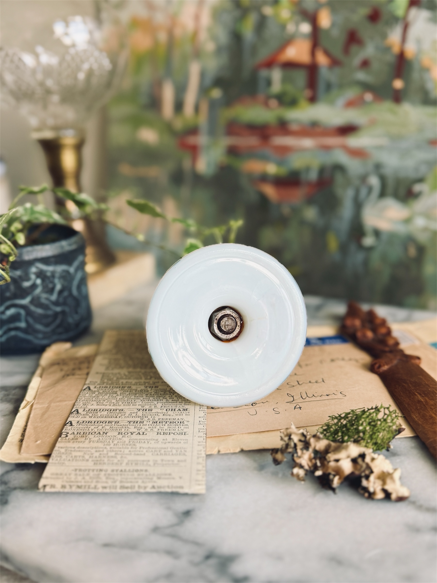 Small hand painted milk glass art nouveau style glass and brass candlestick holder