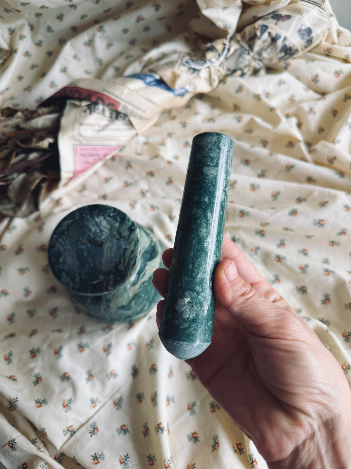Green marble mortar and pestle