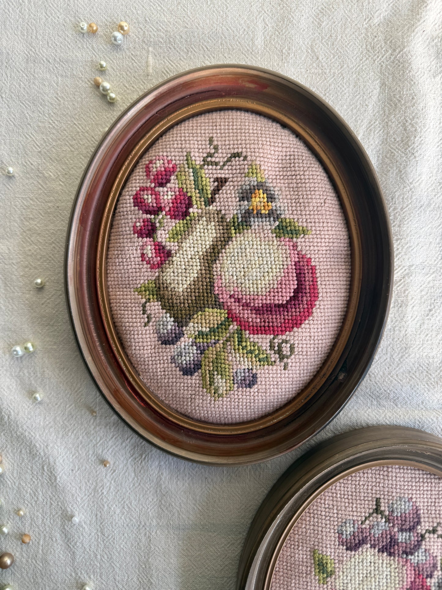 Pair of Vintage framed fruit needlepoints
