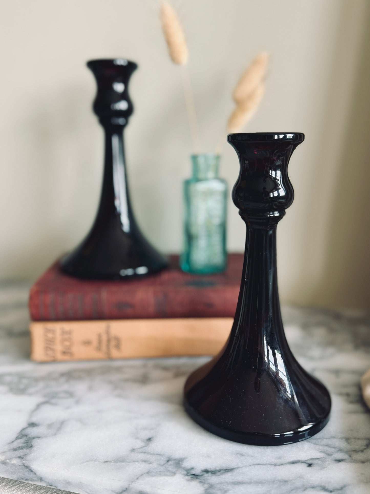 Vintage deep amethyst glass candle holders