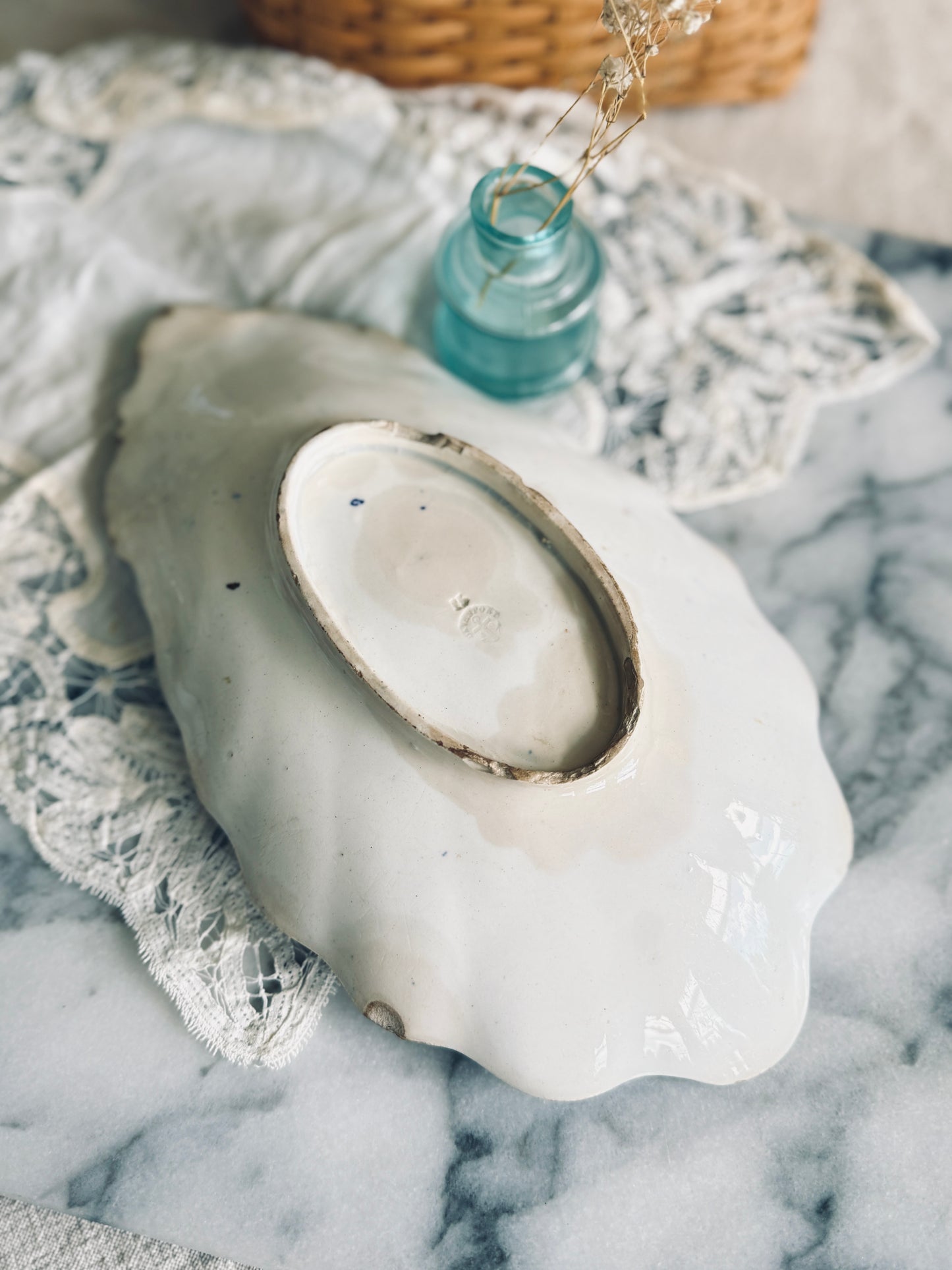 Antique blue and white transferware relish dish